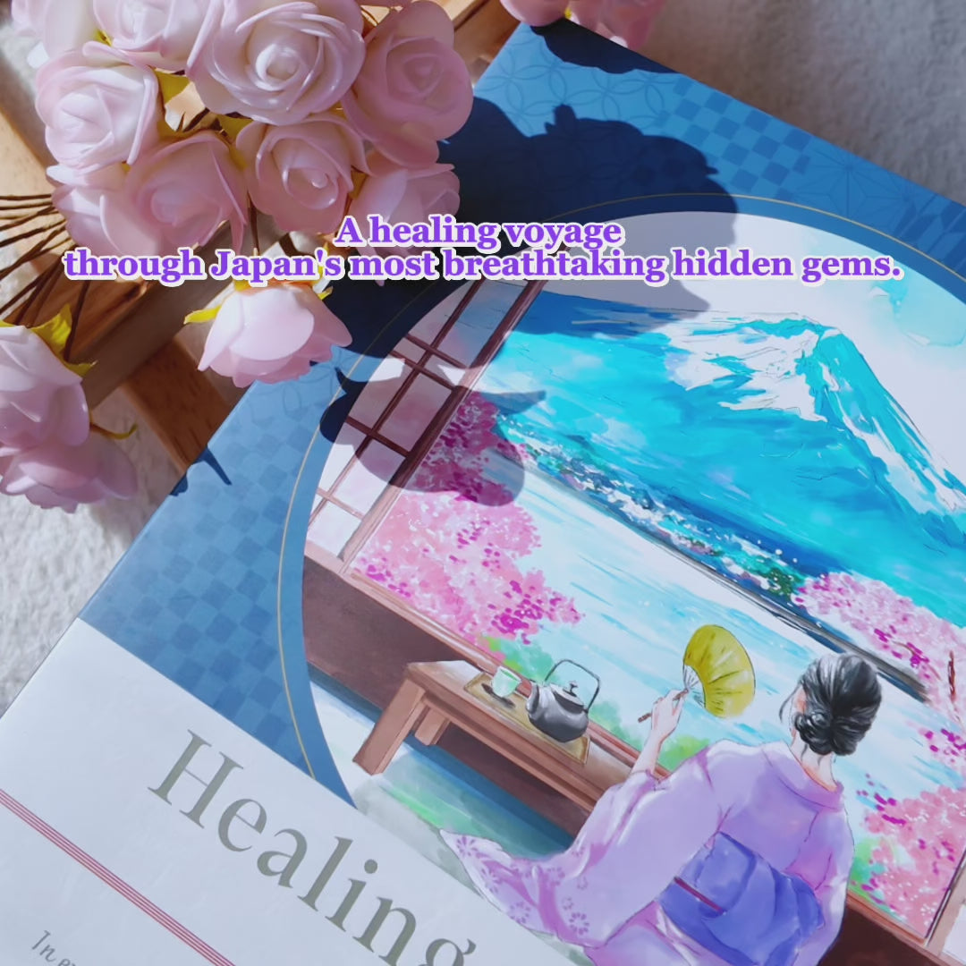 Close-up of the Healing Voyage Japanese snack box featuring Mount Fuji artwork, elegant packaging, and a relaxing self-care theme.